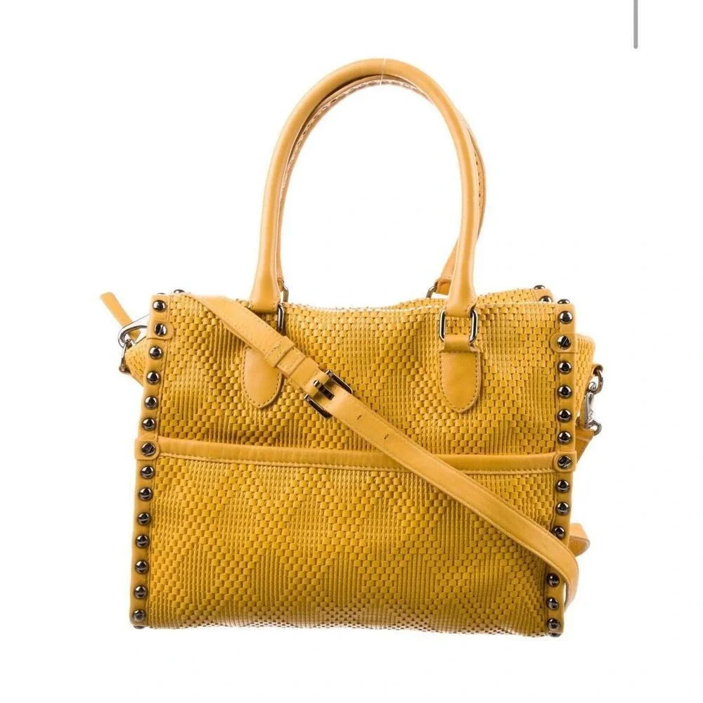 Diane von Furstenberg Yellow Woven‎ Leather Studded Shoulder Bag